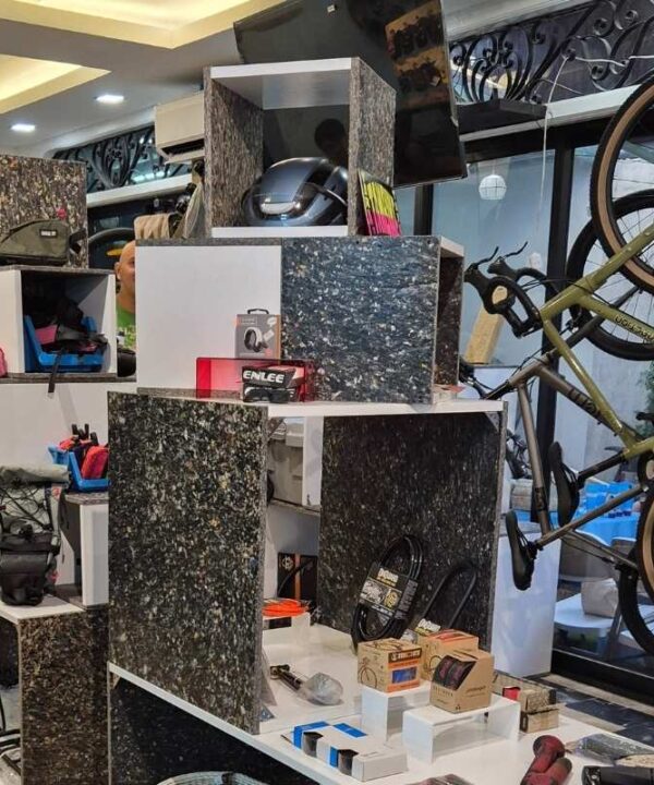 RiverRecycle Boards installed as retail shelving at Tambay Cycling Hub, Kapitolyo, Pasig, Metro Manila